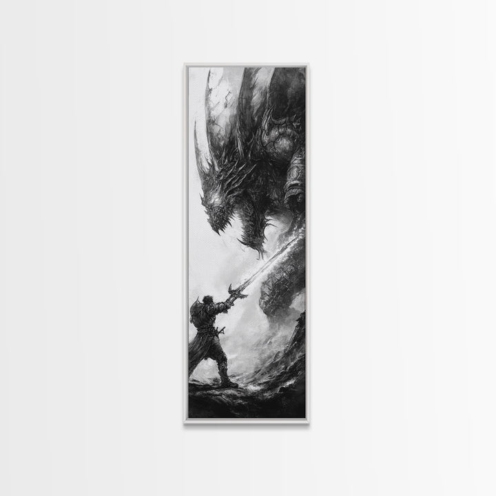 Warrior Facing Massive Dragon In Black And White, Dark Fantasy Wall Art, Gothic Canvas Print, Epic Monster Decor Gift For Him