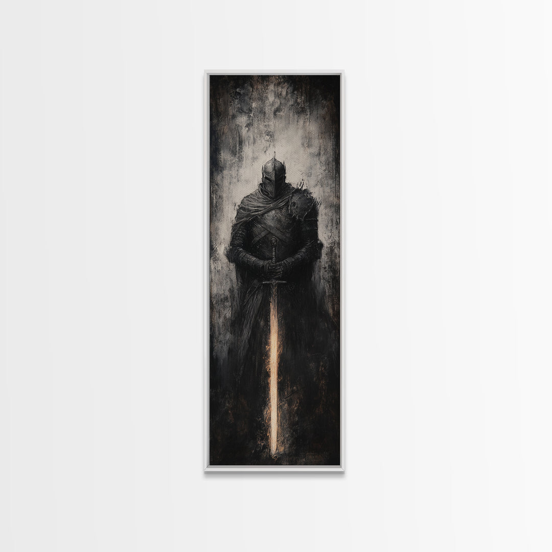 Dark Armored Knight With Glowing Sword Wall Art, Gothic Fantasy Canvas Print, Medieval Warrior Decor For Man Cave Office Decor