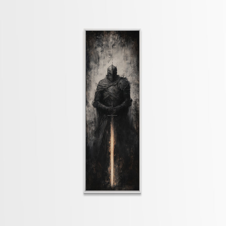 Dark Armored Knight With Glowing Sword Wall Art, Gothic Fantasy Canvas Print, Medieval Warrior Decor For Man Cave Office Decor
