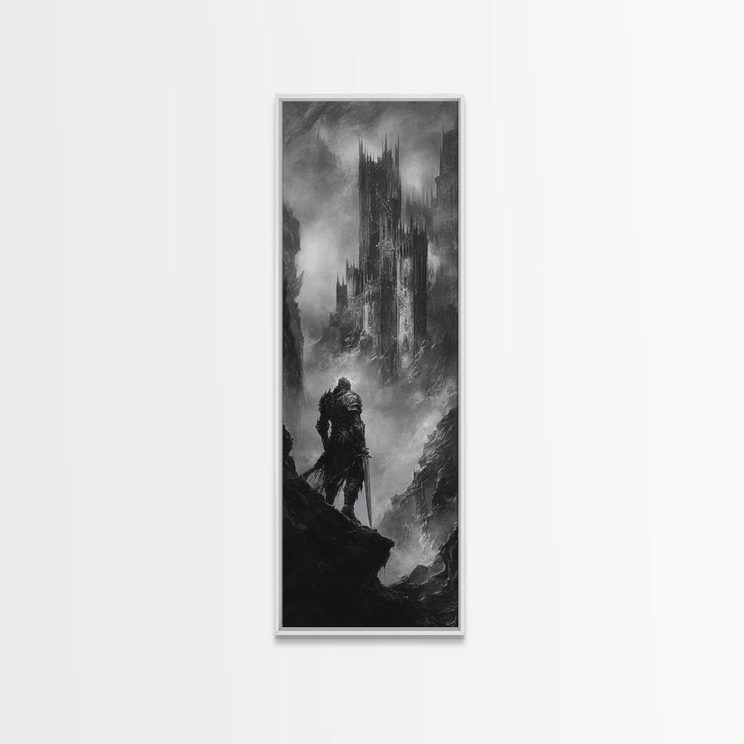 Lone Warrior Before Dark Gothic Castle Wall Art, Black And White Fantasy Landscape Print, Medieval Dungeon Decor For Office