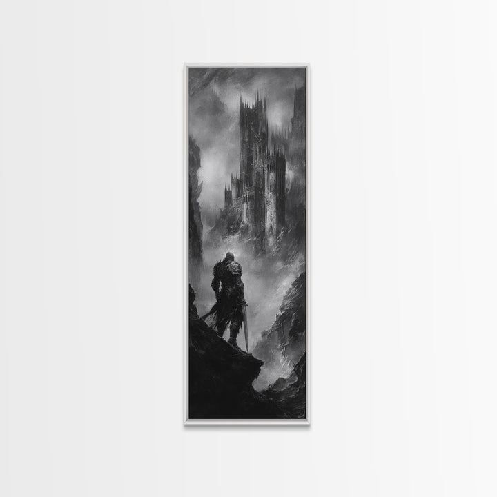 Lone Warrior Before Dark Gothic Castle Wall Art, Black And White Fantasy Landscape Print, Medieval Dungeon Decor For Office