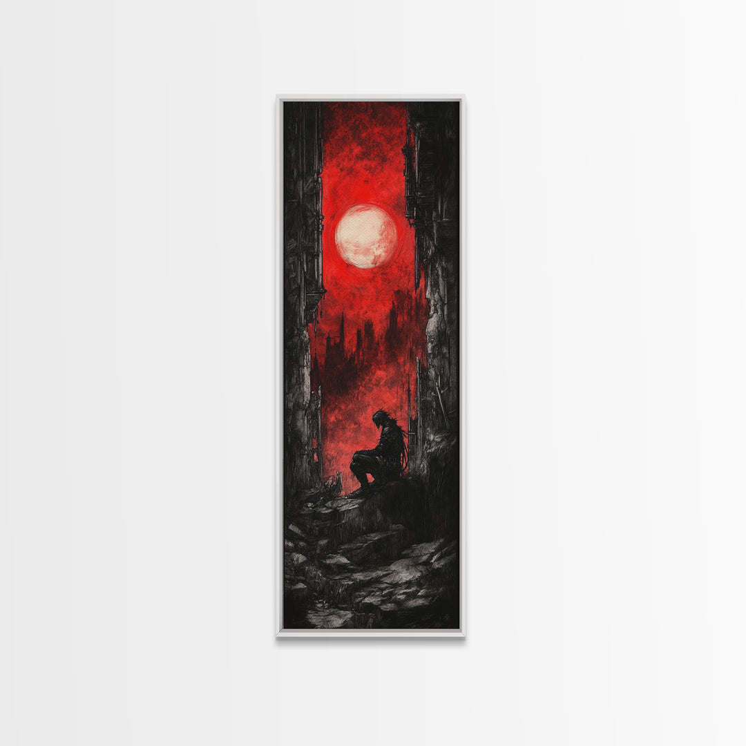 Solitary Figure Under Blood Moon Wall Art, Red Gothic Fantasy Canvas Print, Dark Academia Poster For Bedroom Decor Gift