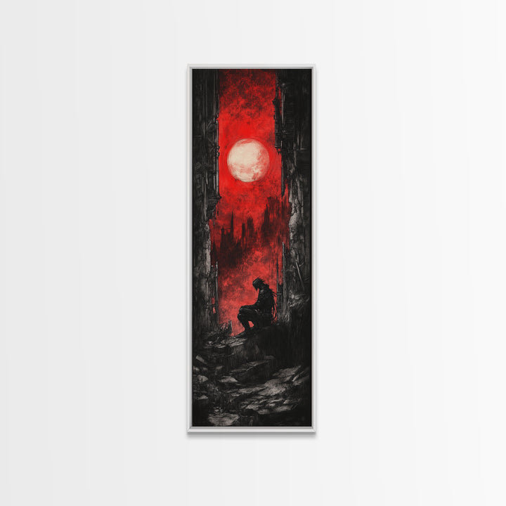 Solitary Figure Under Blood Moon Wall Art, Red Gothic Fantasy Canvas Print, Dark Academia Poster For Bedroom Decor Gift