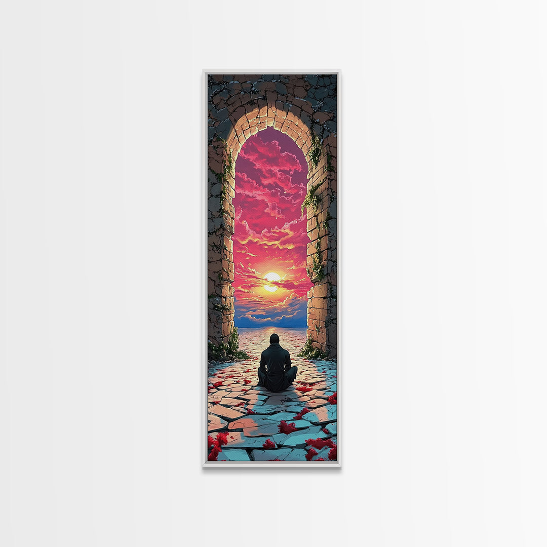 Seated Wanderer In Stone Arch Sunset Wall Art, Vibrant Fantasy Portal Canvas Print, Meditation Room Home Decor Gift For Her