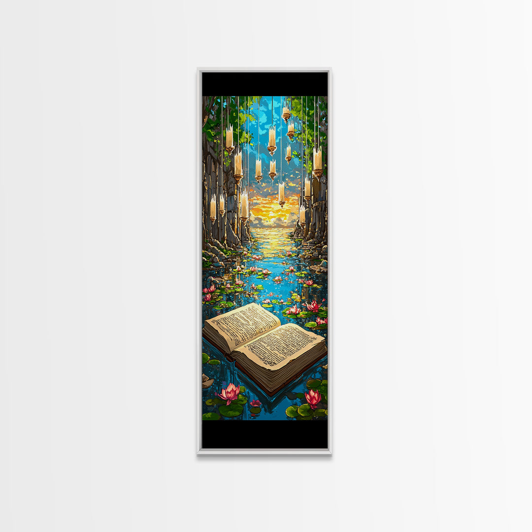 Open Book In Enchanted Lily Pond Wall Art, Magical Library Fantasy Canvas Print, Whimsical Reading Nook Decor Gift For Book Lover