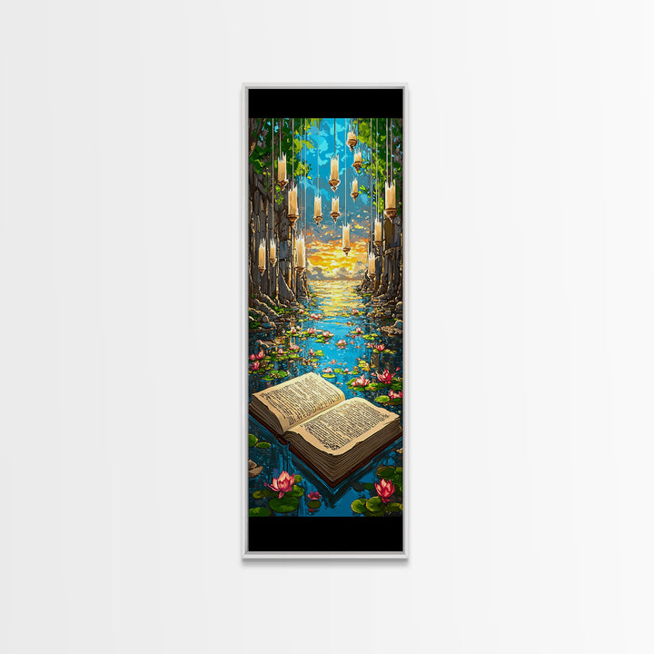 Open Book In Enchanted Lily Pond Wall Art, Magical Library Fantasy Canvas Print, Whimsical Reading Nook Decor Gift For Book Lover