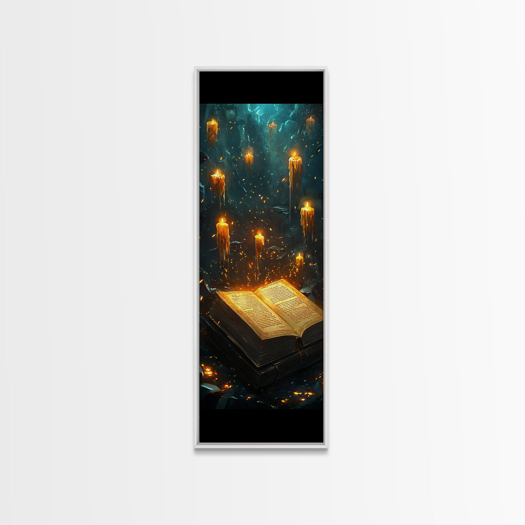 Glowing Grimoire With Floating Candles Wall Art, Dark Fantasy Library Canvas Print, Gothic Academia Home Decor Gift For Her