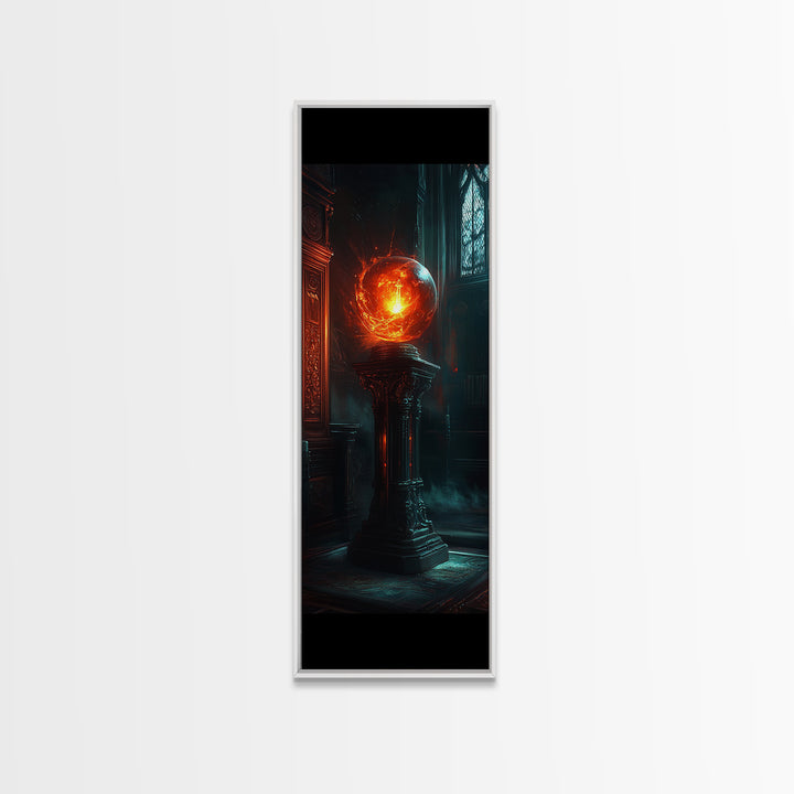 Fiery Crystal Orb In Gothic Library Wall Art, Dark Academia Fantasy Canvas Print, Mystical Office Decor Gift For Him Art
