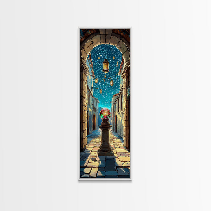 Magic Orb Beneath Starry Alley Wall Art, Whimsical Fantasy Canvas Print, Mediterranean Night Unique Home Decor Gift For Her