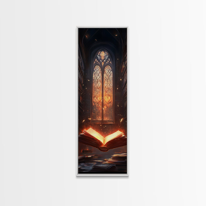 Glowing Book Before Cathedral Window Wall Art, Gothic Library Fantasy Canvas Print, Dark Academia Reading Room Decor Gift