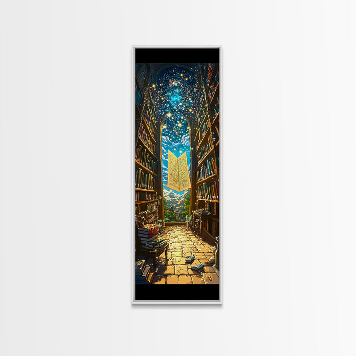 Glowing Magic Map In Towering Library Framed Canvas Print, Fantasy Wall Art, Bookish Decor, Whimsical Reader Gift, Library Poster