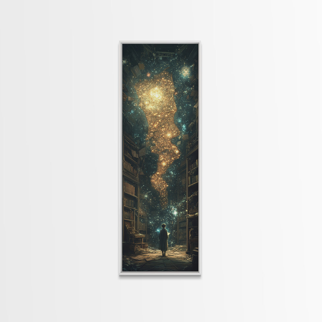 Child Beneath Cosmic Book Tower Wall Art, Dark Academia Library Decor, Celestial Fantasy Art Print, Magical Reading Gift