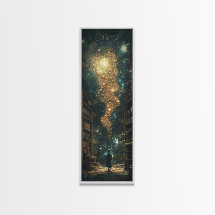 Child Beneath Cosmic Book Tower Wall Art, Dark Academia Library Decor, Celestial Fantasy Art Print, Magical Reading Gift