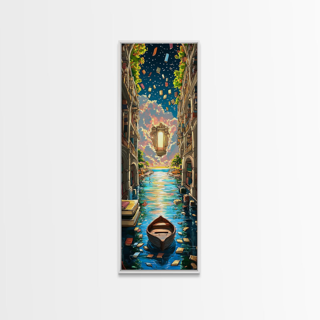 Lantern Canal Between Book Shelves Canvas Print, Fantasy Library Wall Art, Coastal Book Lover Decor, Magical Housewarming Gift