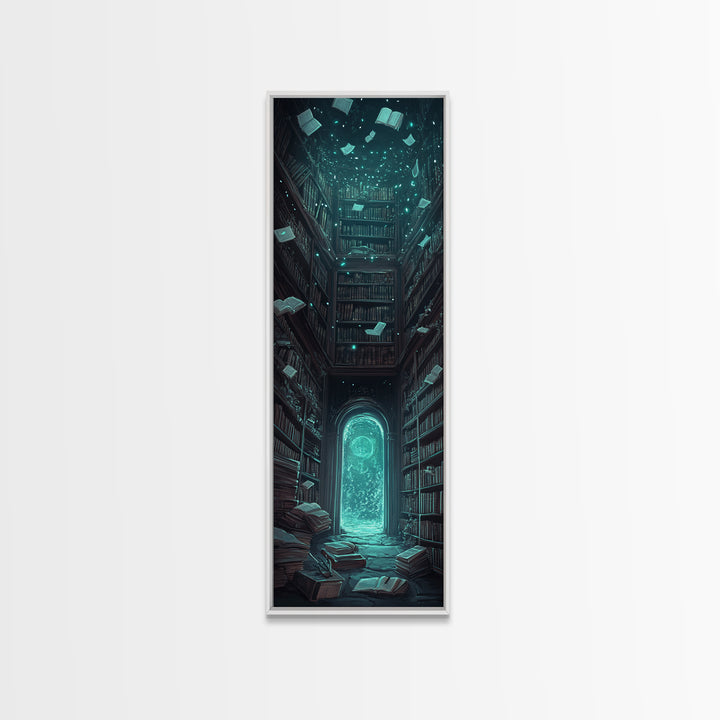 Glowing Portal In Dark Library Framed Canvas Print, Gothic Wall Art, Dark Academia Decor, Fantasy Book Lover Gift, Reading Nook Decor