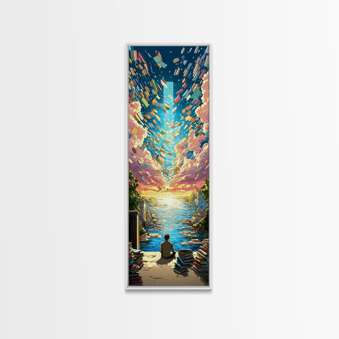 Boy Watching Books Fly Over Ocean Wall Art, Whimsical Sunset Seascape, Book Lover Gift, Colorful Coastal Home Decor Print