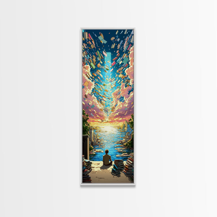 Boy Watching Books Fly Over Ocean Wall Art, Whimsical Sunset Seascape, Book Lover Gift, Colorful Coastal Home Decor Print