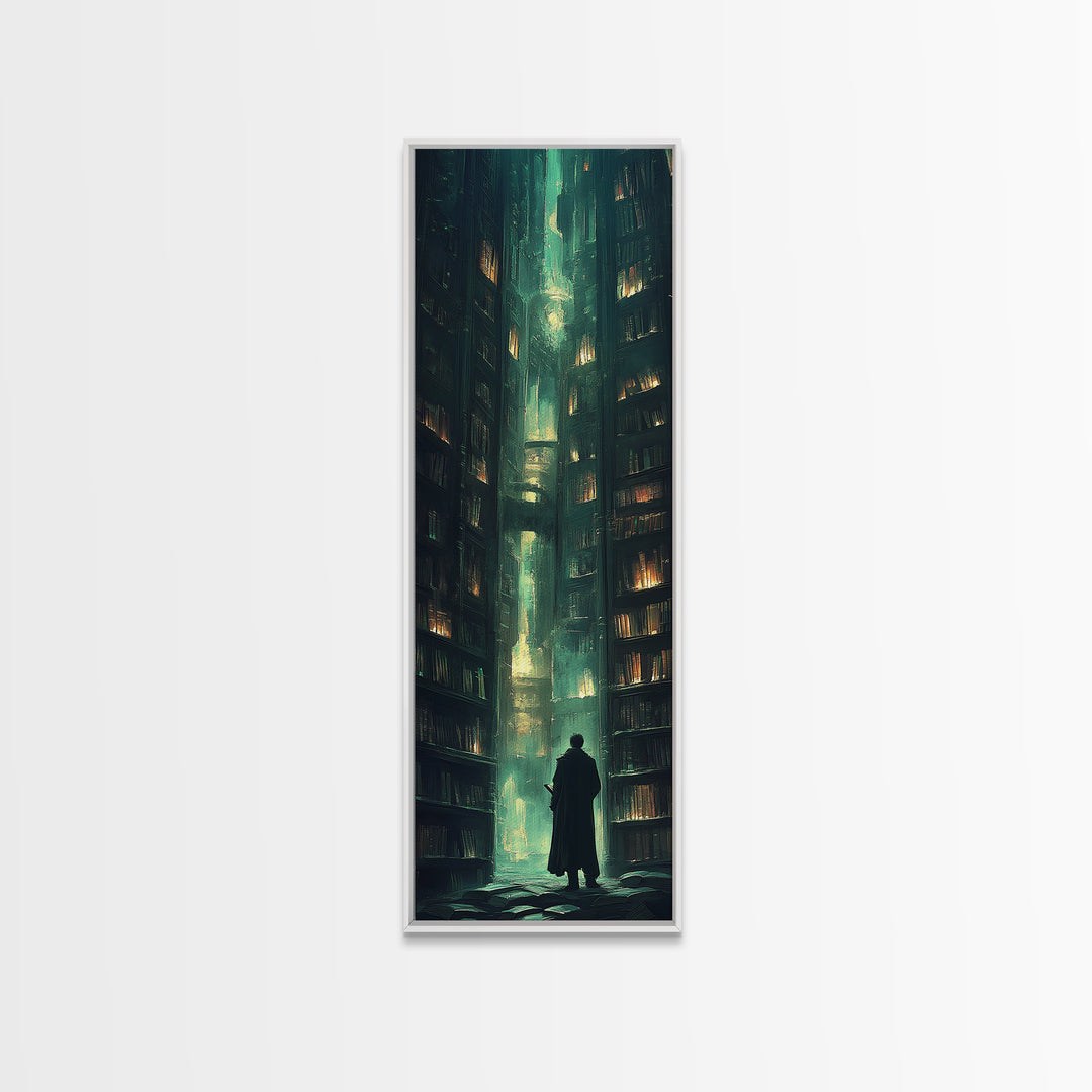 Lone Figure In Emerald Library Canyon Canvas Print, Dark Academia Wall Art, Moody Fantasy Decor, Gothic Office Wall Decor