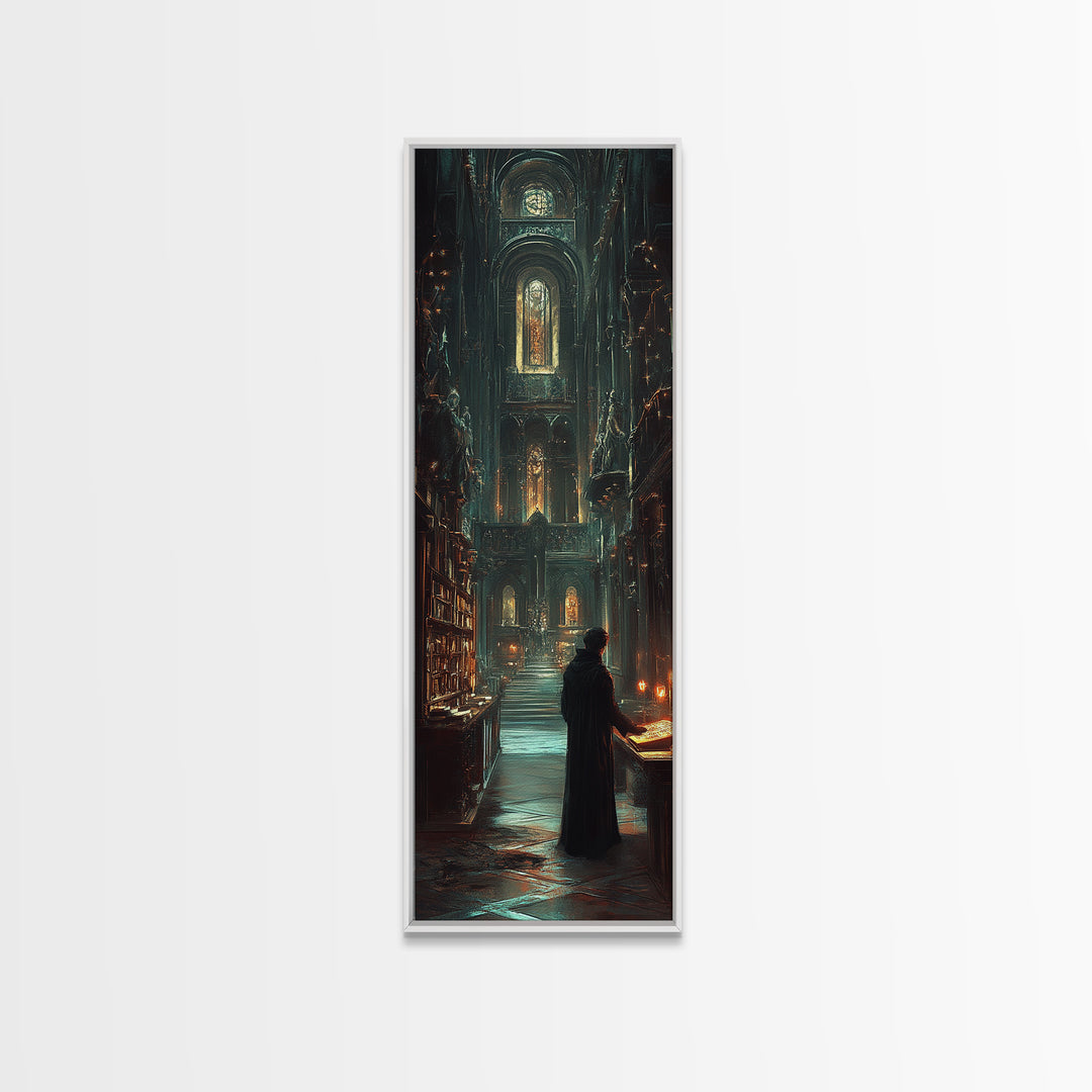 Robed Scholar In Gothic Cathedral Library Wall Art, Dark Academia Decor, Moody Fantasy Print, Candlelit Office Wall Decor