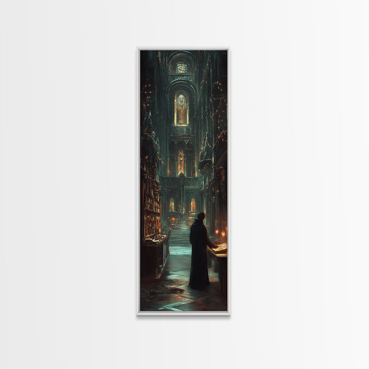 Robed Scholar In Gothic Cathedral Library Wall Art, Dark Academia Decor, Moody Fantasy Print, Candlelit Office Wall Decor