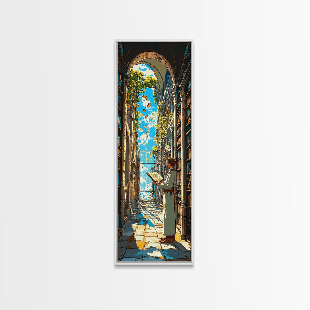 Sunlit Scholar Reading In Arched Library Framed Canvas Print, Book Lover Wall Art, Academia Decor, Literary Gift For Her