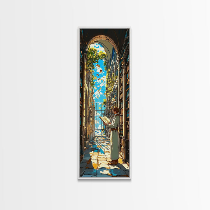 Sunlit Scholar Reading In Arched Library Framed Canvas Print, Book Lover Wall Art, Academia Decor, Literary Gift For Her