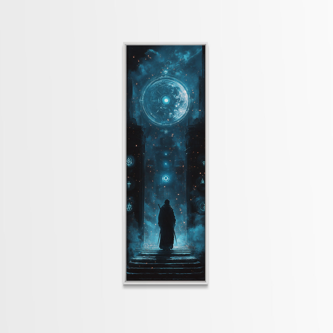 Lone Figure Before Glowing Cosmic Portal Canvas Print, Sci Fi Wall Art, Cyberpunk Decor, Futuristic Space Art For Gaming Room