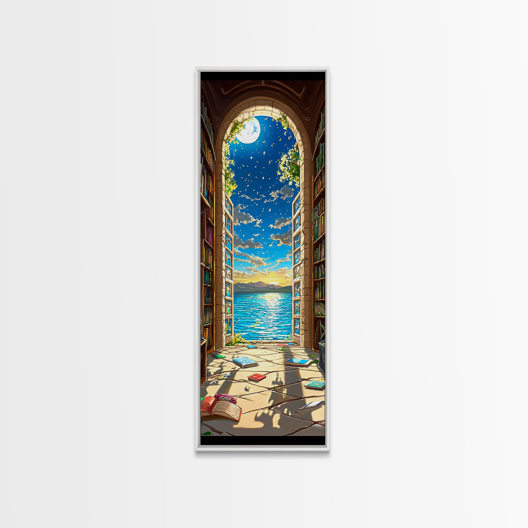 Moonlit Library Arch With Ocean View Framed Canvas Print, Book Lover Wall Art, Coastal Decor, Reading Nook Art For Cozy Home Decor