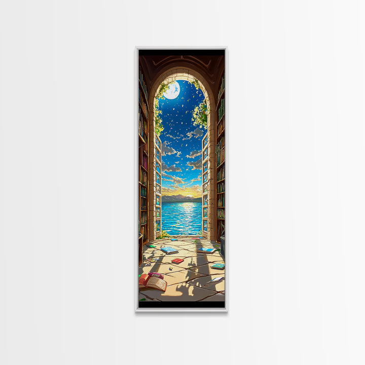 Moonlit Library Arch With Ocean View Framed Canvas Print, Book Lover Wall Art, Coastal Decor, Reading Nook Art For Cozy Home Decor