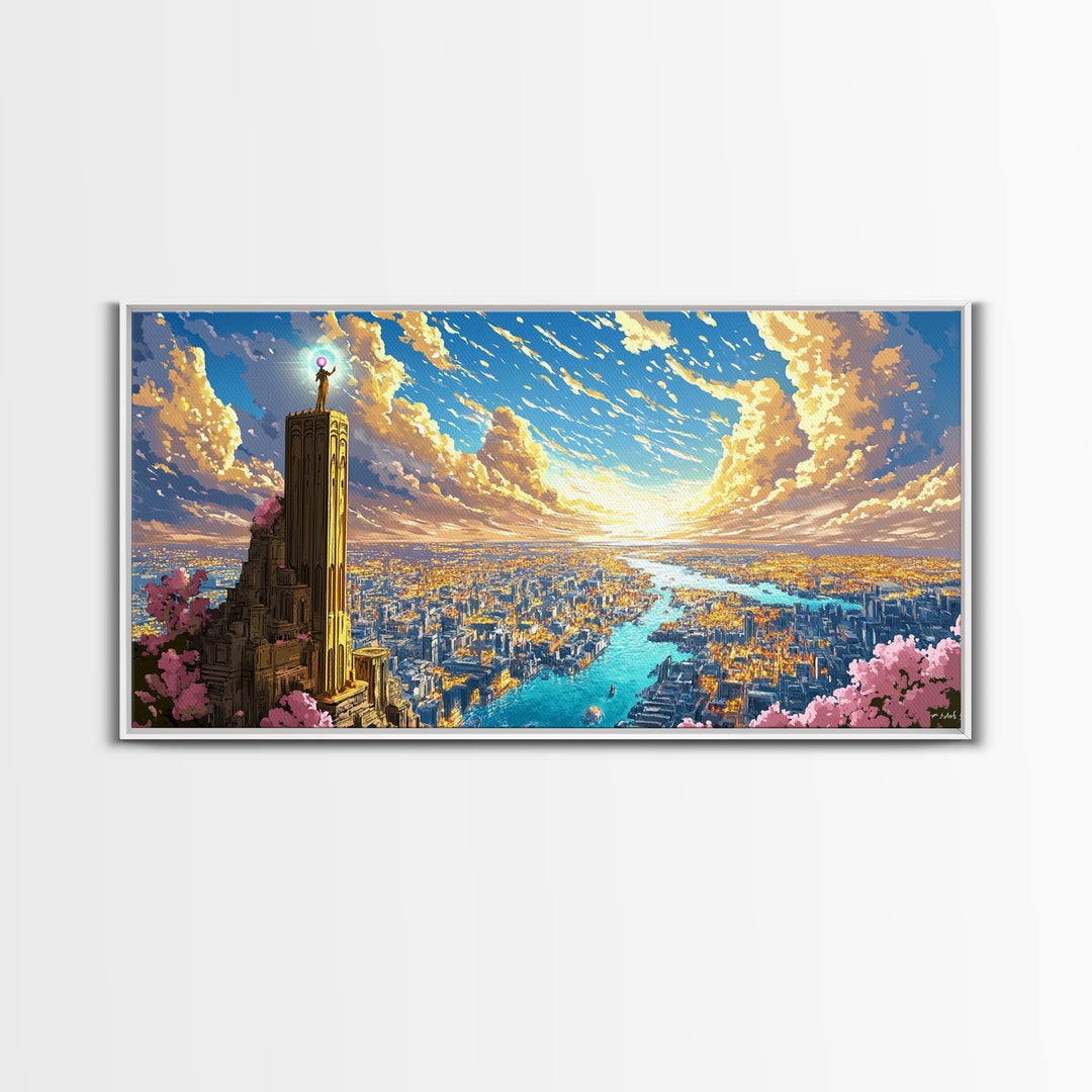 Sunset Tower Above Radiant River City Framed Canvas Print, Fantasy Wall Art, Colorful Landscape, Living Room Decor Gift Idea
