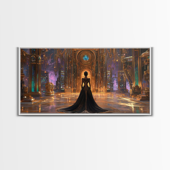 Gothic Woman In Ornate Crystal Hall Canvas Print, Dark Fantasy Wall Art, Moody Gothic Decor, Elegant Statement Artwork Gift