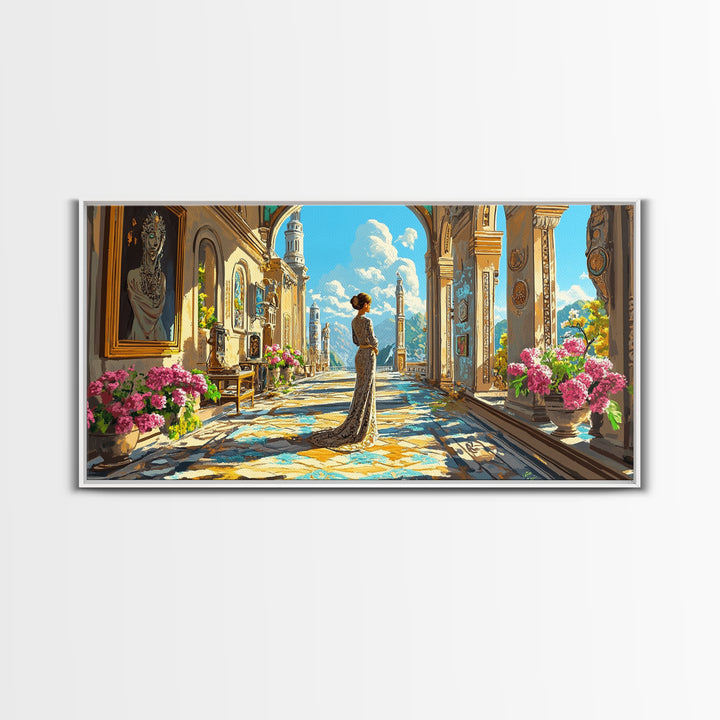 Elegant Woman In Sunlit Palace Corridor Canvas Print, Mediterranean Wall Art, Floral Decor, European Living Room Artwork Gift