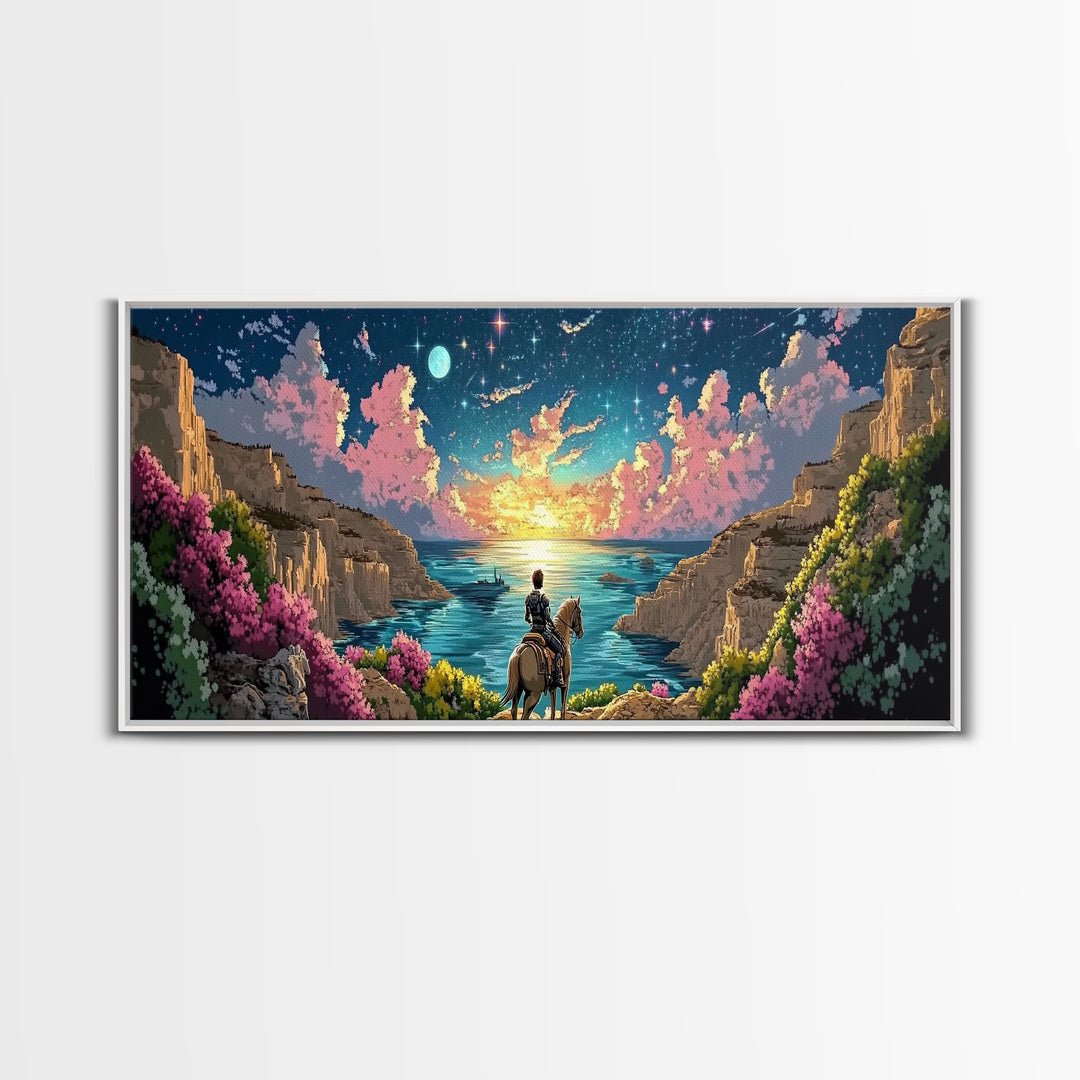 Moonlit Coastal Canyon Horse Ride Canvas Print, Fantasy Landscape Wall Art, Romantic Beach House Decor, Whimsical Gift For Her
