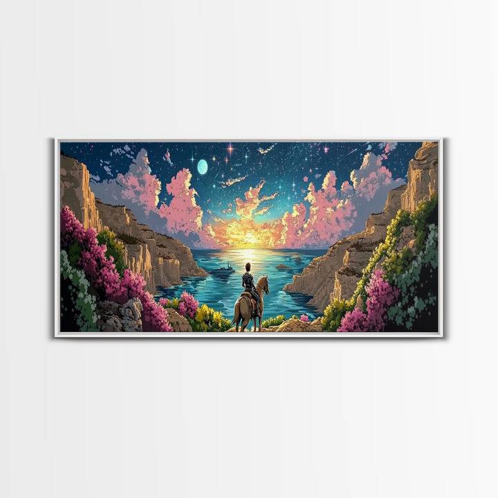 Moonlit Coastal Canyon Horse Ride Canvas Print, Fantasy Landscape Wall Art, Romantic Beach House Decor, Whimsical Gift For Her