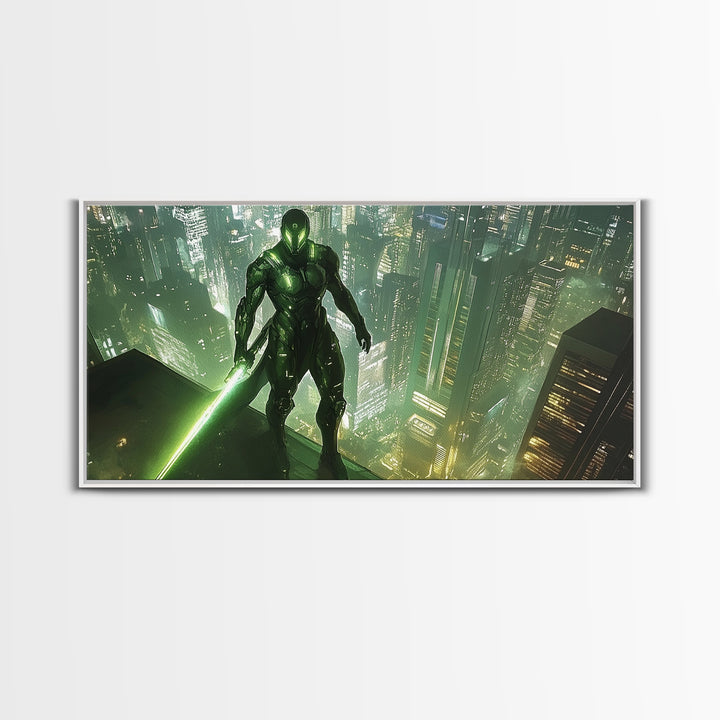 Green Cyber Warrior On Futuristic Rooftop Canvas Print, Modern Cyberpunk Wall Art, Sci Fi Gaming Room Decor, Gift For Him