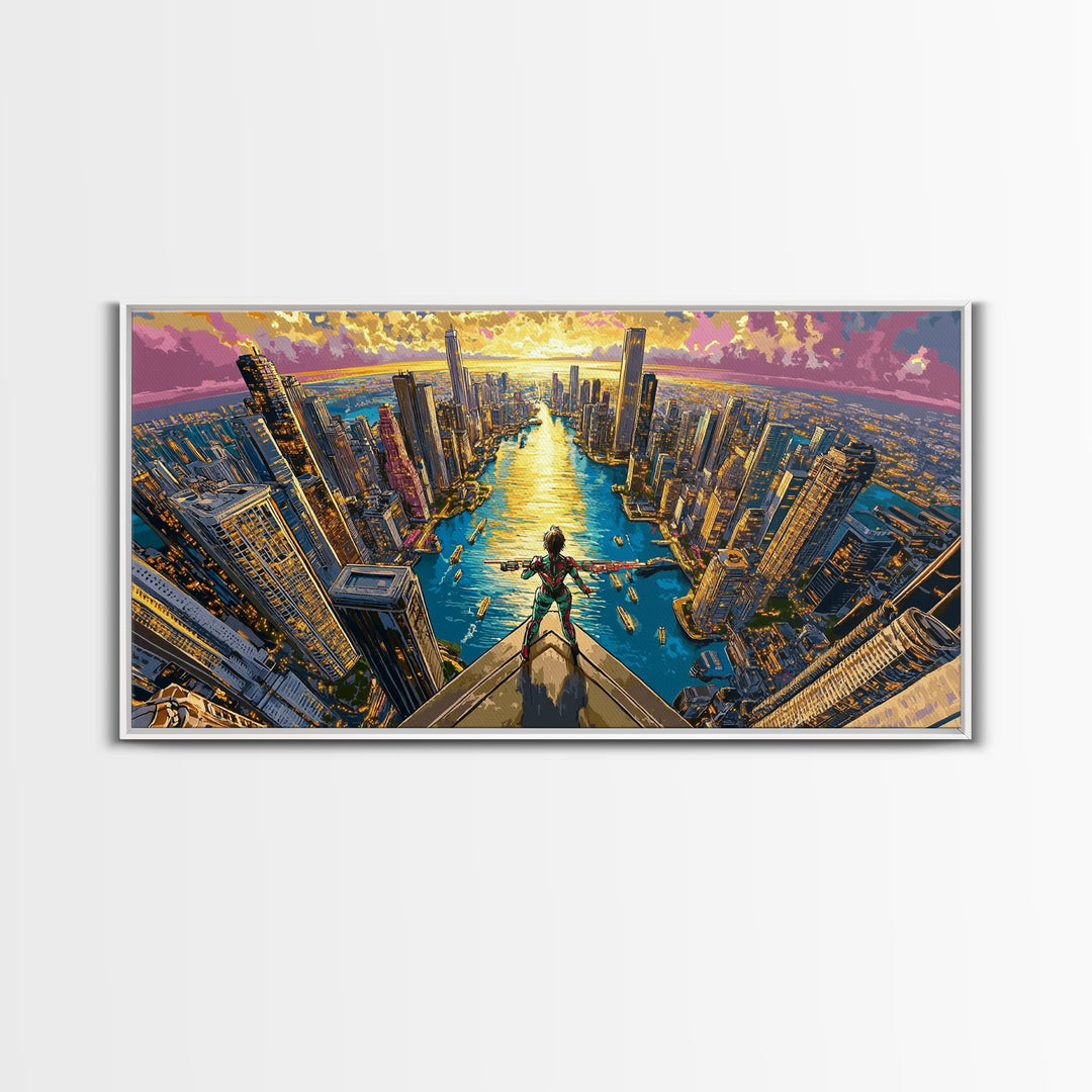 Daring Hero Above Golden Future City Framed Canvas Print, Cyberpunk Wall Art, Anime Sci Fi Decor, Large Statement Artwork
