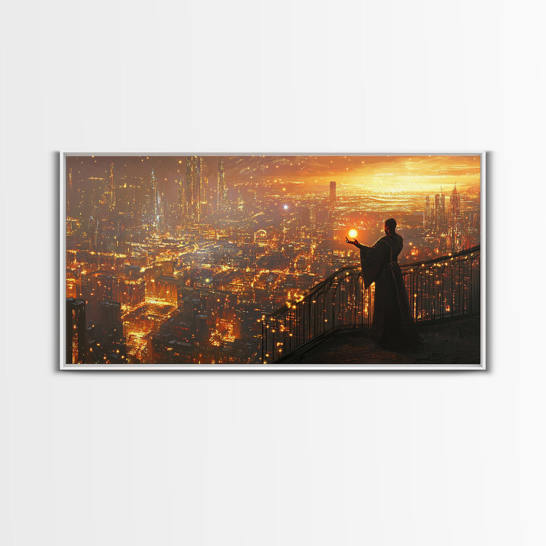 Robed Figure Holding Glowing Orb Over Dystopian City Canvas Print, Futuristic Wall Art, Golden Sci Fi Office Decor, Gift For Him