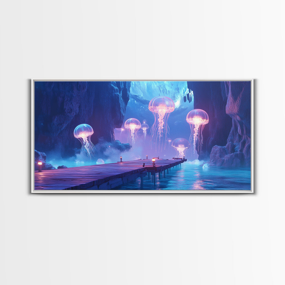 Glowing Jellyfish Cavern With Dock Canvas Print, Blue Bioluminescent Ocean Wall Art, Fantasy Coastal Home Decor, Unique Gift