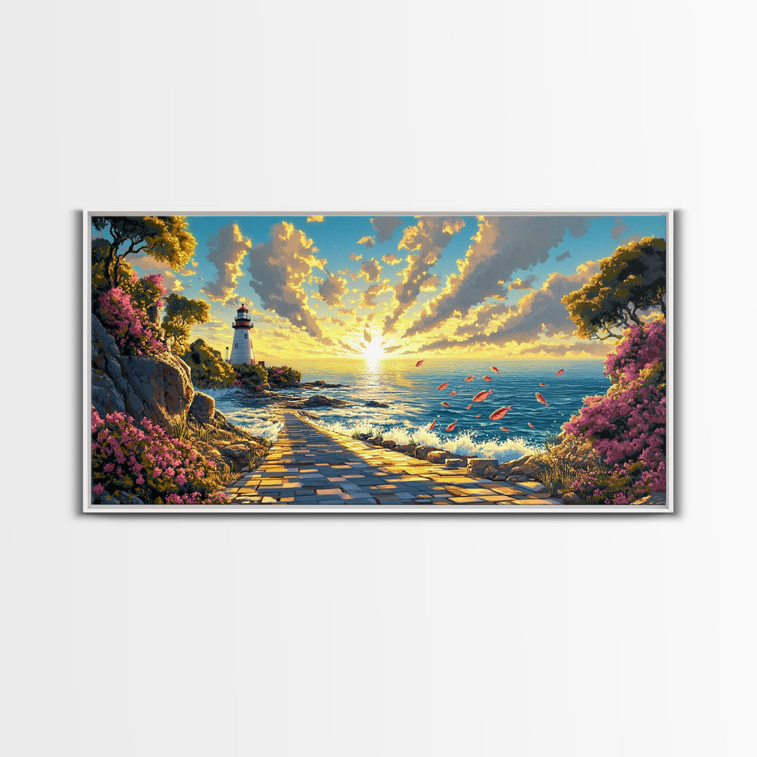 Sunlit Lighthouse Path At Golden Ocean Sunset Wall Art, Coastal Canvas Wall Art, Beach House Decor, Seascape Print, Living Room Decor