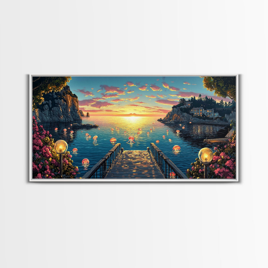 Glowing Jellyfish Cove At Sunset Canvas Print, Whimsical Coastal Wall Art, Ocean Decor, Beach House Living Room Decor, Fantasy Art