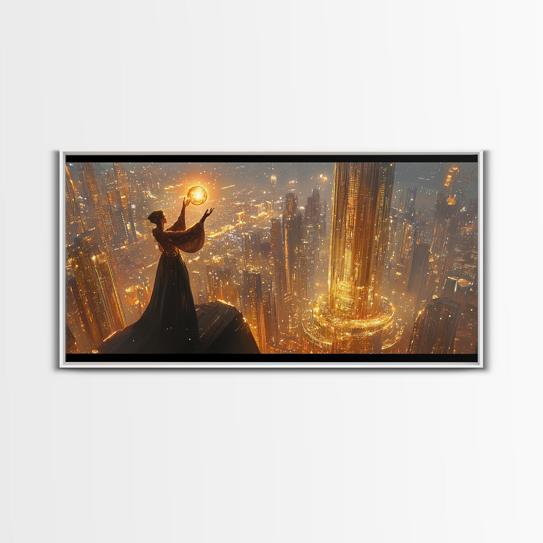 Elegant Woman Holding A Golden Orb Framed Canvas Print, Futuristic Wall Art, Sci Fi Decor, Luxury Office Statement Artwork