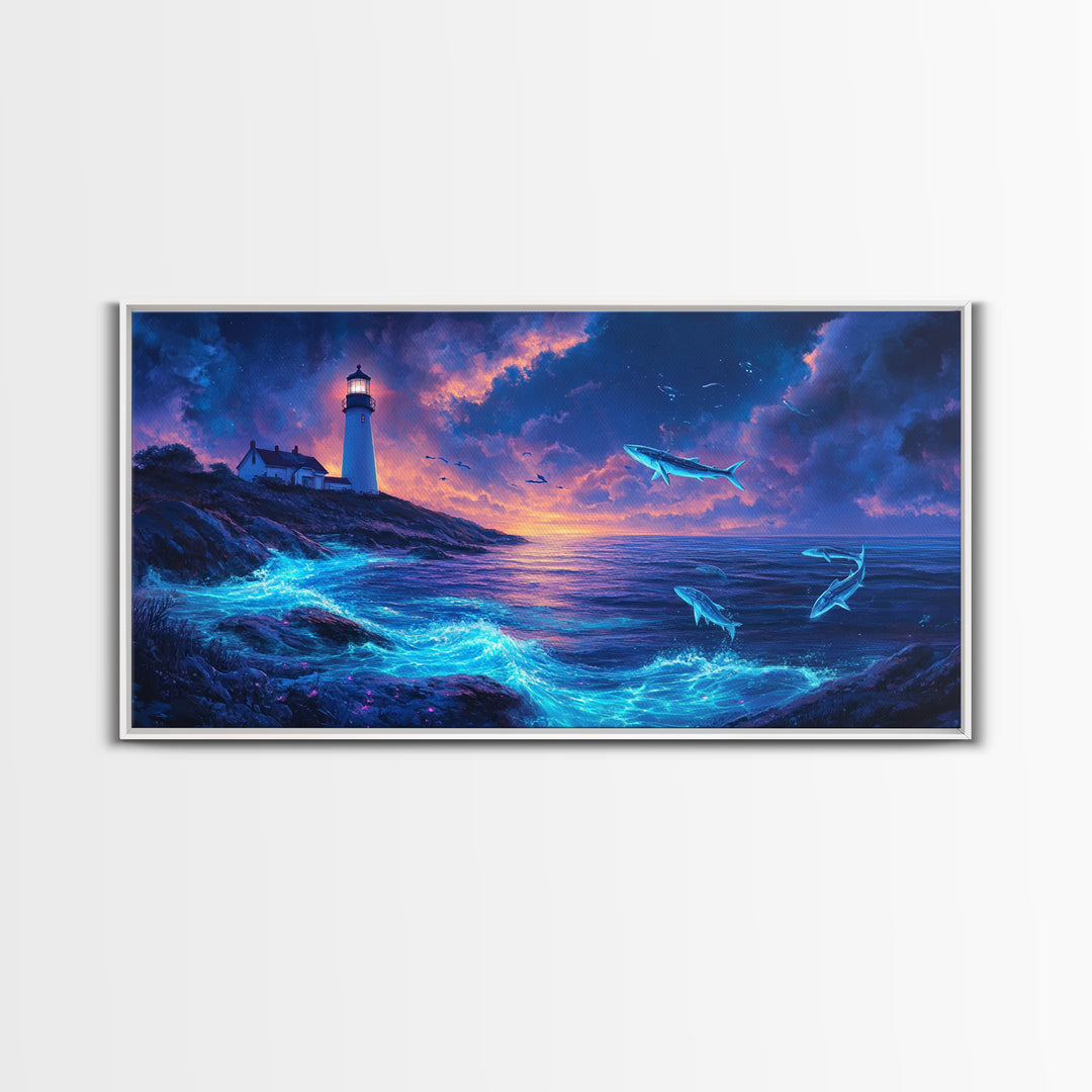 Bioluminescent Whale Ocean Lighthouse Wall Art, Fantasy Seascape Print, Coastal Wall Decor, Moody Blue Living Room Wall Art
