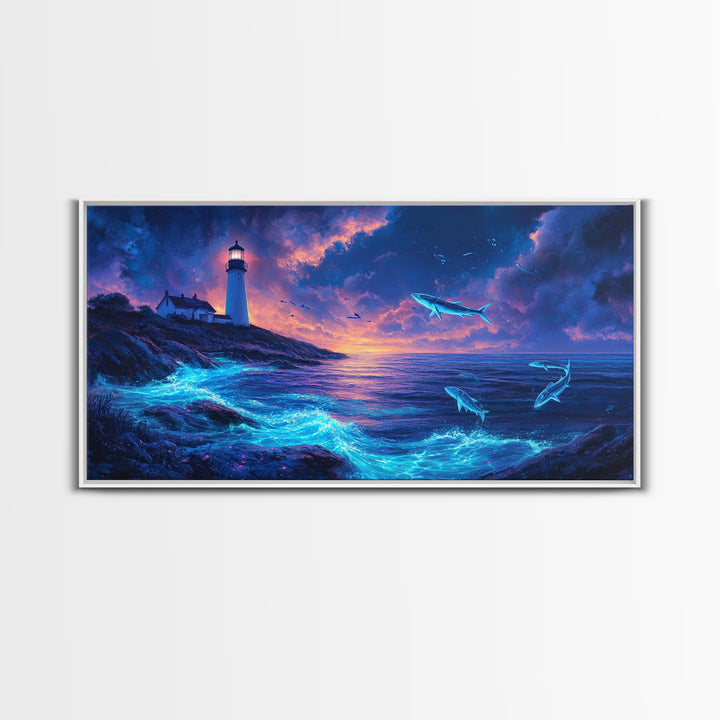 Bioluminescent Whale Ocean Lighthouse Wall Art, Fantasy Seascape Print, Coastal Wall Decor, Moody Blue Living Room Wall Art