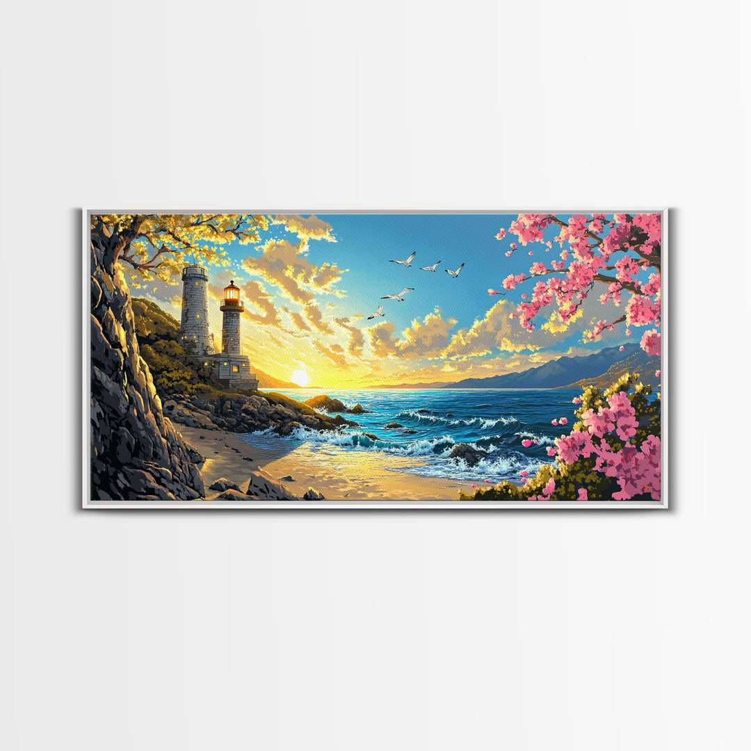 Twin Lighthouses With Cherry Blossoms At Sunrise Canvas Print, Coastal Wall Art, Beach House Decor, Nautical Living Room Art
