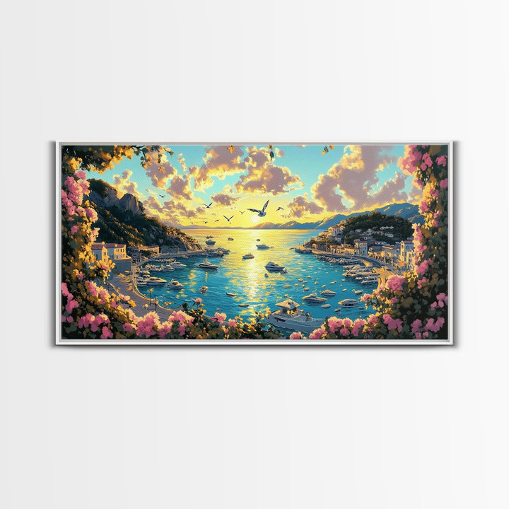Mediterranean Harbor Sunset With Boats And Flowers Wall Art, Italy Coastal Print, Travel Poster, Living Room Decor Gift Idea
