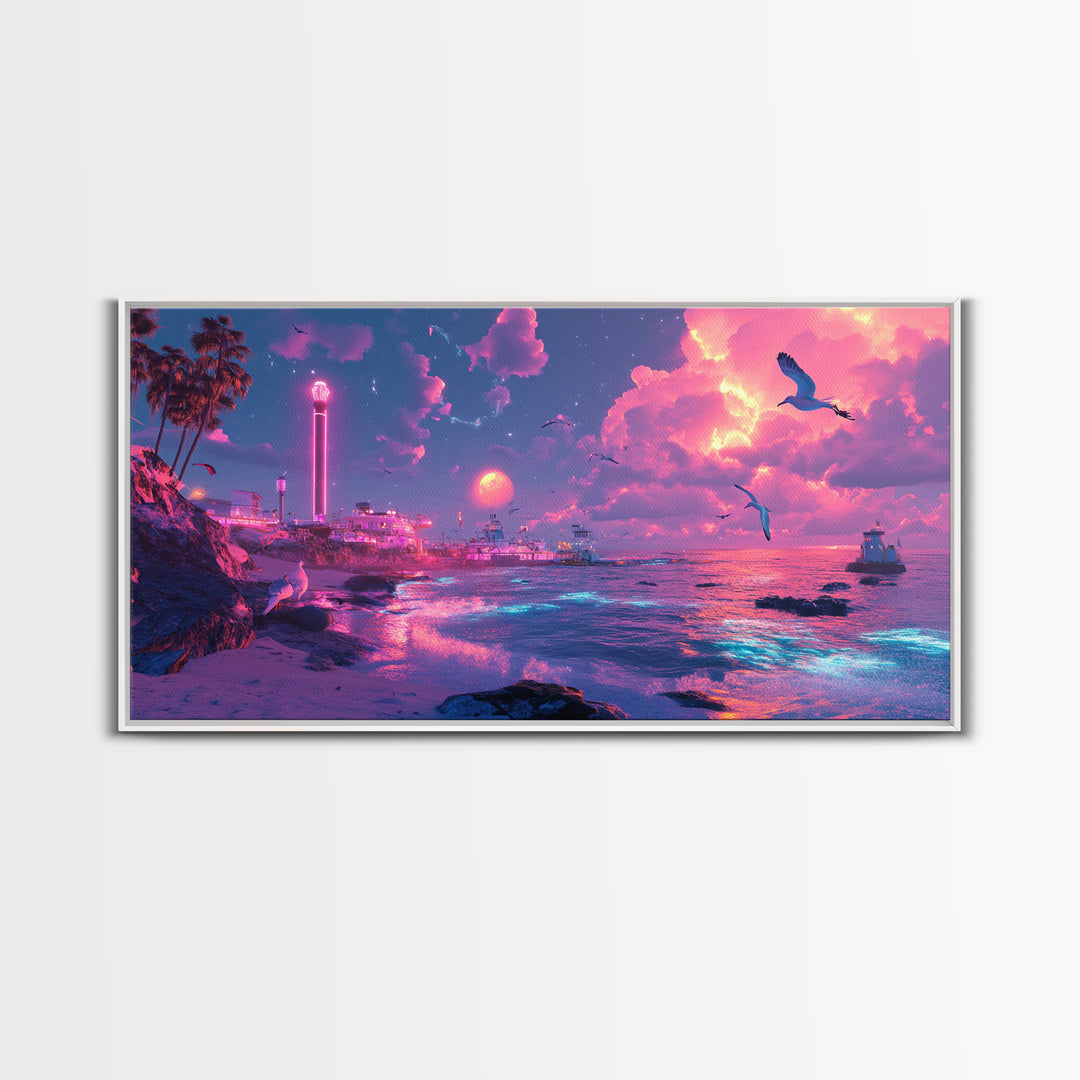 Neon Pink Coastal City At Moonlit Sunset Canvas Print, Vaporwave Wall Art, Futuristic Beach Decor, Gaming Room Poster Print