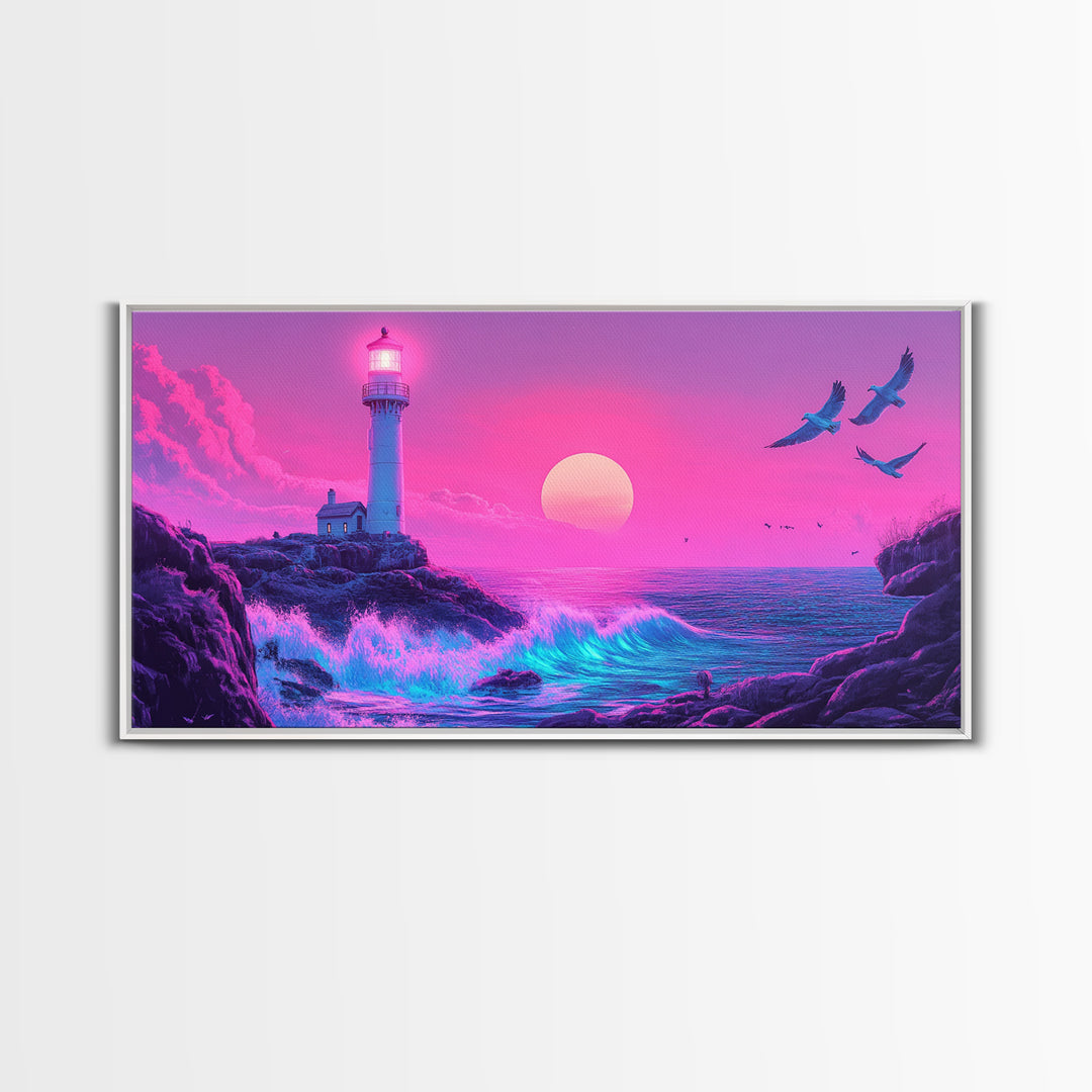 Pink Lighthouse Sunset With Turquoise Waves Framed Canvas Print, Coastal Wall Art, Vaporwave Beach Decor, Ocean Poster Print