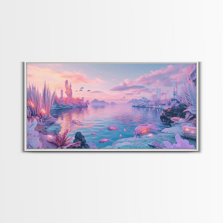 Pastel Alien Crystal Shore With Glowing Wildlife Wall Art, Fantasy Landscape Print, Sci Fi Decor, Dreamy Nursery Wall Art