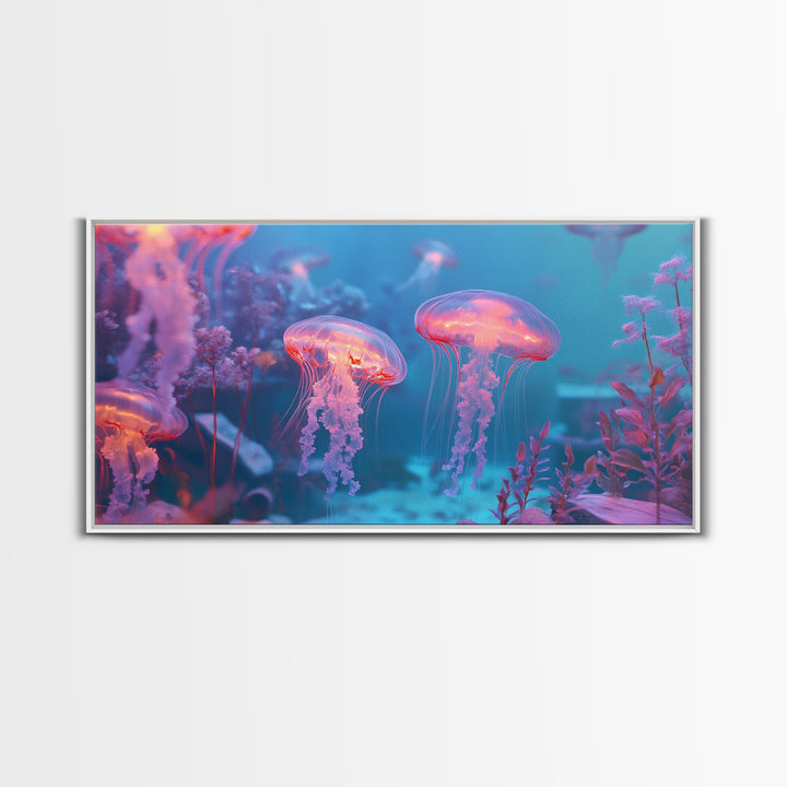 Glowing Jellyfish Garden Under Turquoise Sea Canvas Print, Underwater Wall Art, Ocean Decor, Marine Life Nursery Art Print