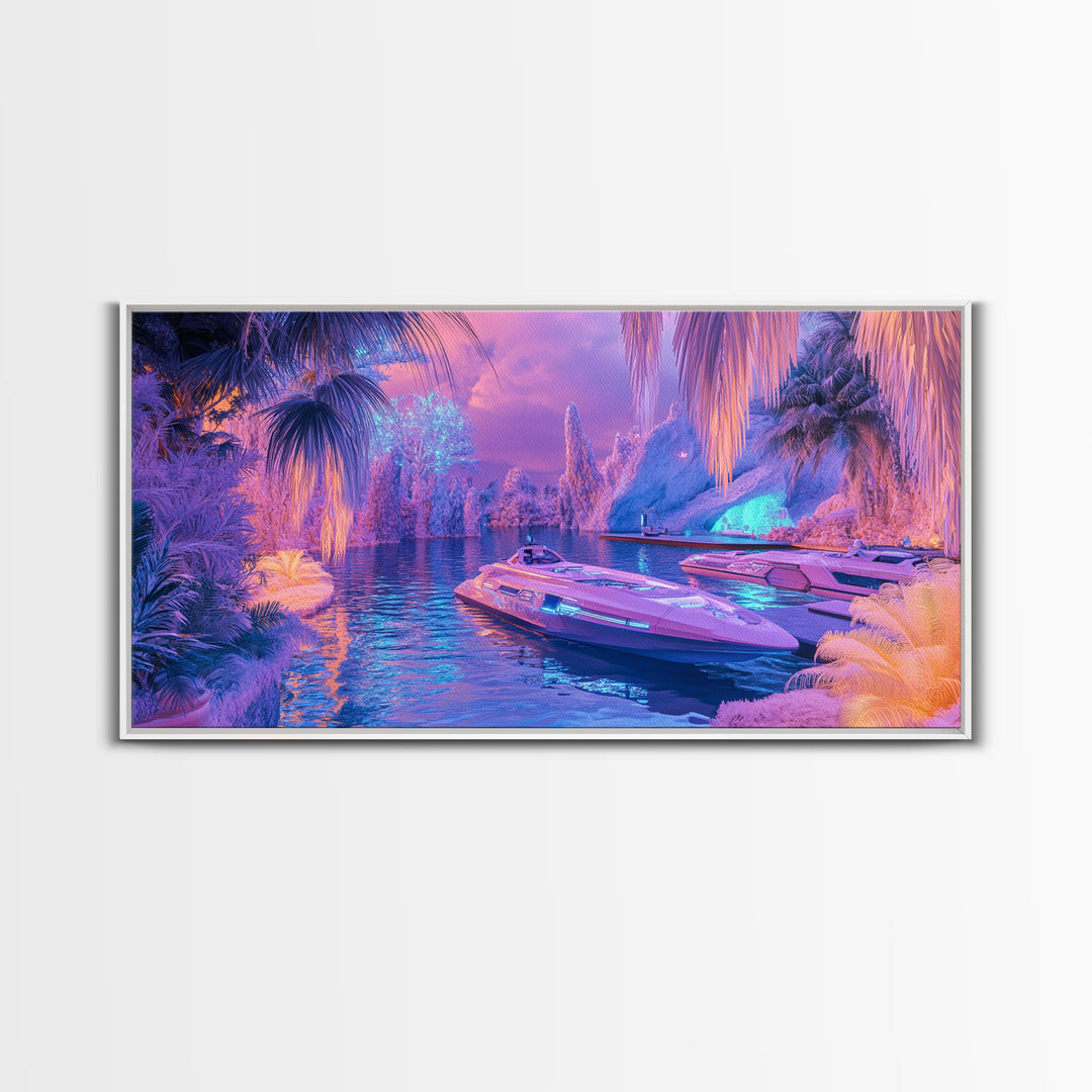 Neon Tropical Lagoon Canvas Print, Futuristic Palm Boat Wall Art, Dopamine Decor, Gaming Room Decor, Vibrant Coastal Art
